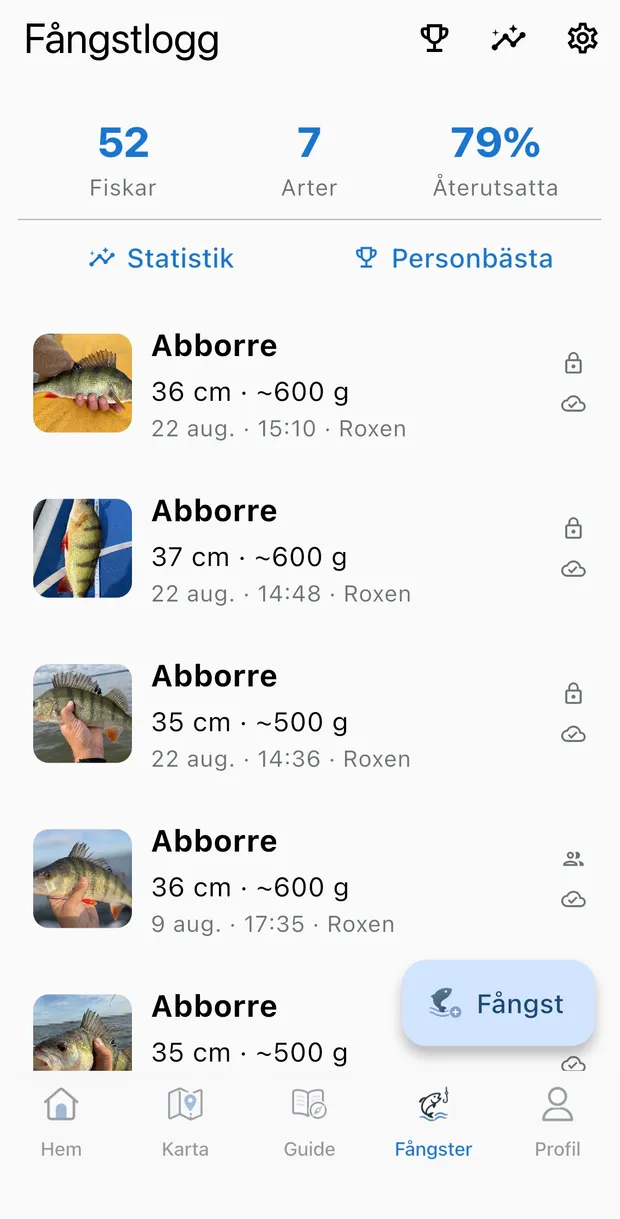 Skärmbild av fångstloggen med antal fiskar, antal arter och andel återutsatta överst
