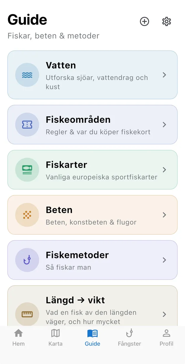 Guide-fliken i appen med Vatten, Fiskeområden, Fiskarter, Beten, Fiskemetoder och Längd till vikt