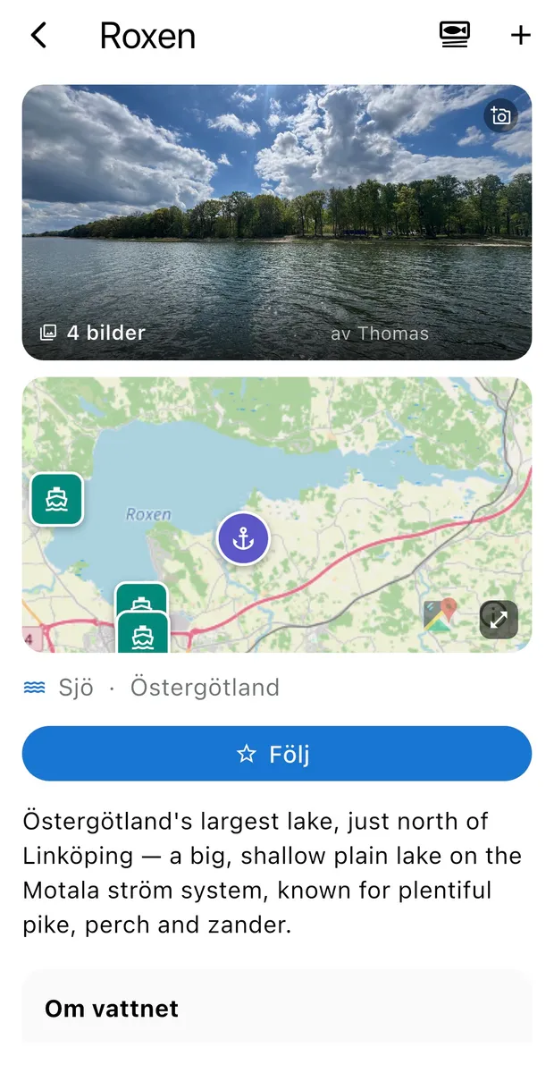 Skärmbild av vattensidan för sjön Roxen med foton, karta och beskrivning